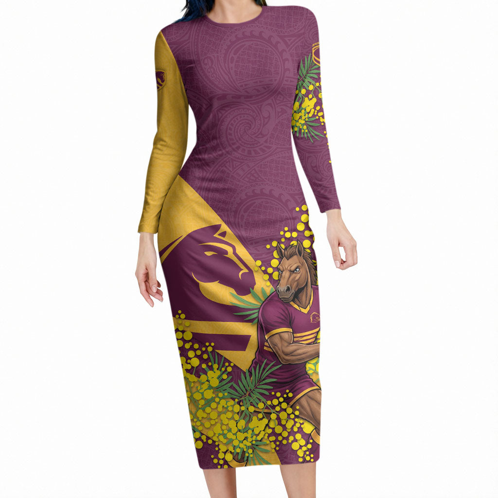 Brisbane Broncos Long Sleeve Bodycon Dress Golden Wattle Floral Polynesian - Australian Flower - Rugby Mascot