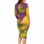 Brisbane Broncos Long Sleeve Bodycon Dress Golden Wattle Floral Polynesian - Australian Flower - Rugby Mascot