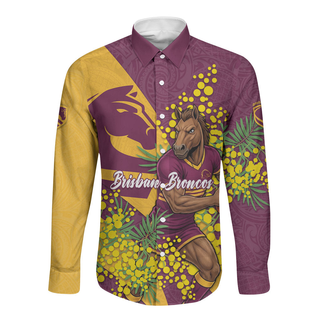 Brisbane Broncos Long Sleeve Button Shirt Golden Wattle Floral Polynesian - Australian Flower - Rugby Mascot