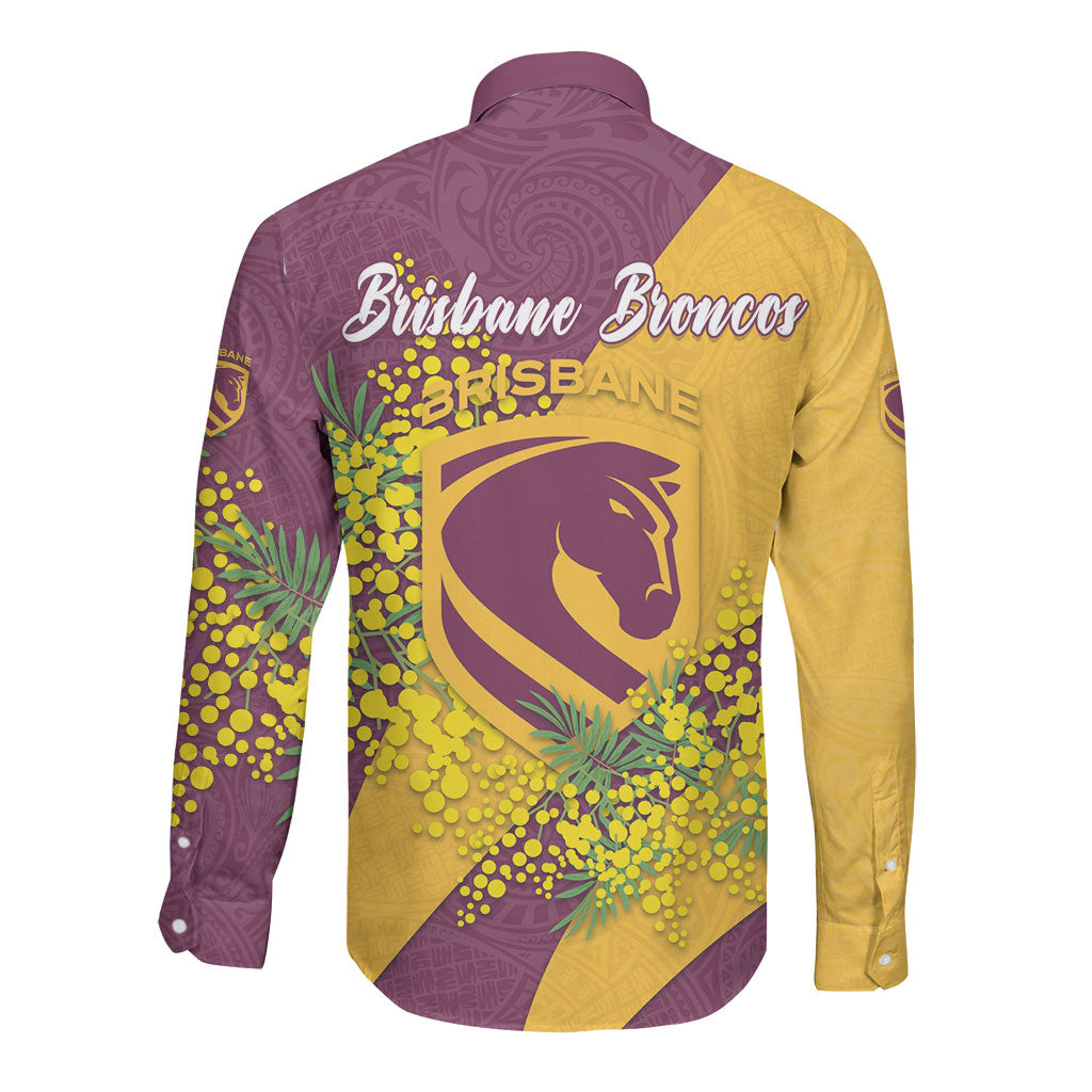 Brisbane Broncos Long Sleeve Button Shirt Golden Wattle Floral Polynesian - Australian Flower - Rugby Mascot