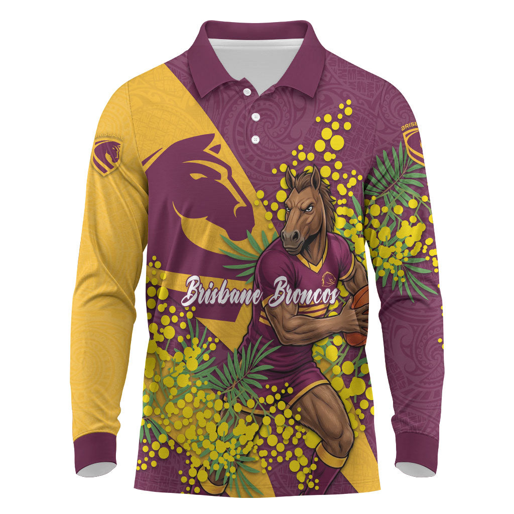 Brisbane Broncos Long Sleeve Polo Shirt Golden Wattle Floral Polynesian - Australian Flower - Rugby Mascot