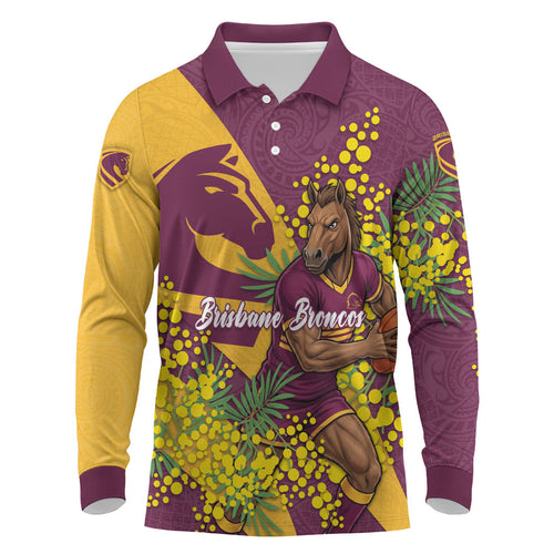 Brisbane Broncos Long Sleeve Polo Shirt Golden Wattle Floral Polynesian - Australian Flower - Rugby Mascot