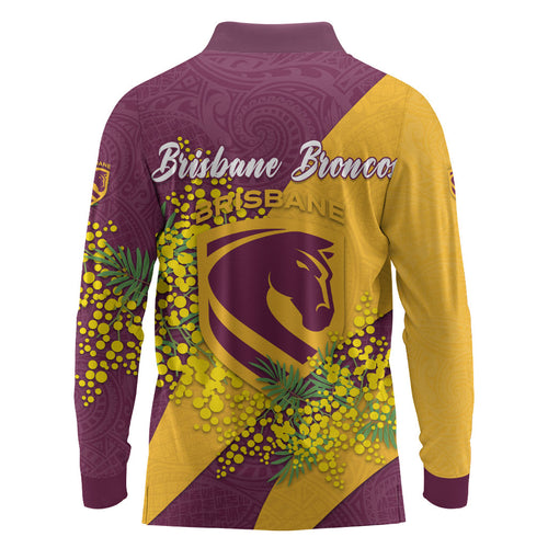 Brisbane Broncos Long Sleeve Polo Shirt Golden Wattle Floral Polynesian - Australian Flower - Rugby Mascot