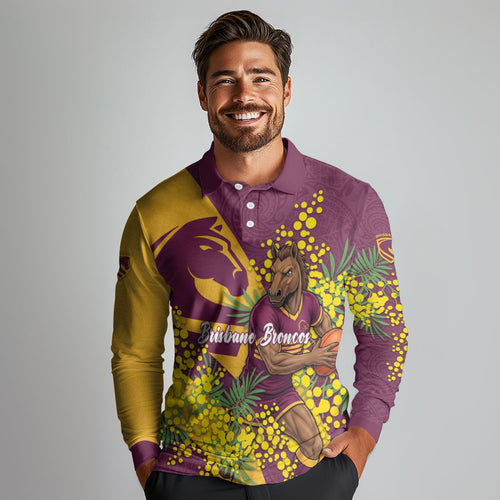 Brisbane Broncos Long Sleeve Polo Shirt Golden Wattle Floral Polynesian - Australian Flower - Rugby Mascot