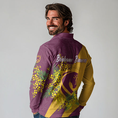 Brisbane Broncos Long Sleeve Polo Shirt Golden Wattle Floral Polynesian - Australian Flower - Rugby Mascot