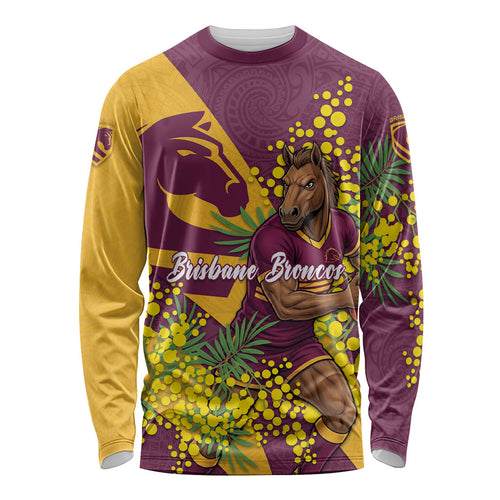 Brisbane Broncos Long Sleeve Shirt Golden Wattle Floral Polynesian - Australian Flower - Rugby Mascot