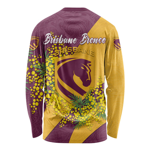 Brisbane Broncos Long Sleeve Shirt Golden Wattle Floral Polynesian - Australian Flower - Rugby Mascot