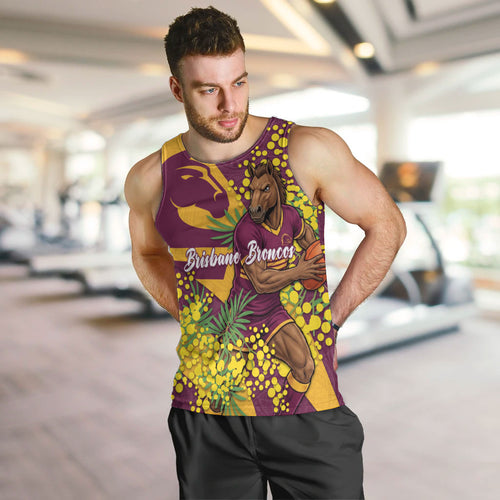Brisbane Broncos Men Tank Top Golden Wattle Floral Polynesian - Australian Flower - Rugby Mascot