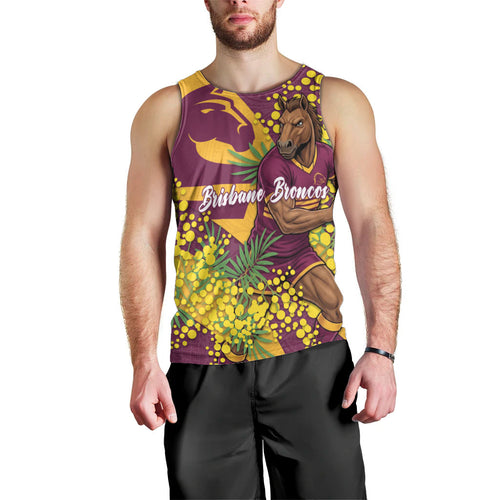 Brisbane Broncos Men Tank Top Golden Wattle Floral Polynesian - Australian Flower - Rugby Mascot