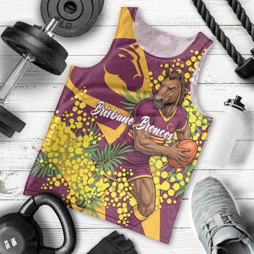Brisbane Broncos Men Tank Top Golden Wattle Floral Polynesian - Australian Flower - Rugby Mascot