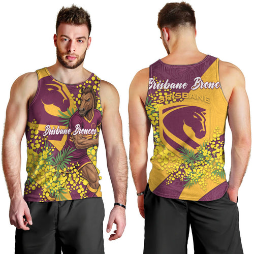 Brisbane Broncos Men Tank Top Golden Wattle Floral Polynesian - Australian Flower - Rugby Mascot