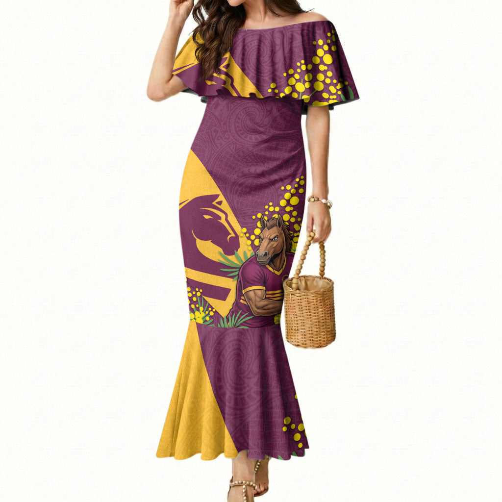 Brisbane Broncos Mermaid Dress Golden Wattle Floral Polynesian - Australian Flower - Rugby Mascot