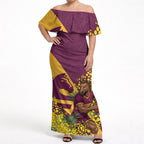 Brisbane Broncos Off Shoulder Maxi Dress Golden Wattle Floral Polynesian - Australian Flower - Rugby Mascot