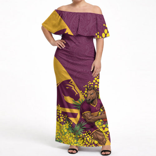 Brisbane Broncos Off Shoulder Maxi Dress Golden Wattle Floral Polynesian - Australian Flower - Rugby Mascot