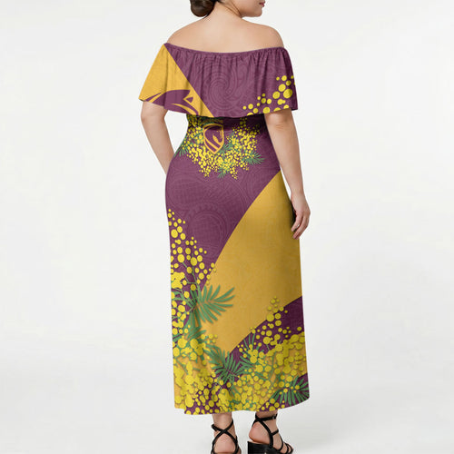Brisbane Broncos Off Shoulder Maxi Dress Golden Wattle Floral Polynesian - Australian Flower - Rugby Mascot