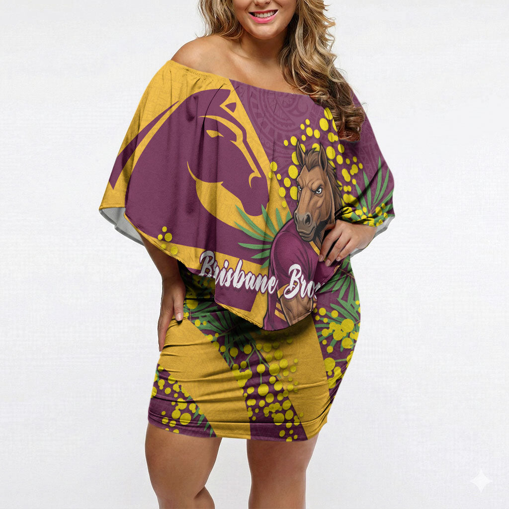 Brisbane Broncos Off Shoulder Short Dress Golden Wattle Floral Polynesian - Australian Flower - Rugby Mascot