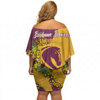 Brisbane Broncos Off Shoulder Short Dress Golden Wattle Floral Polynesian - Australian Flower - Rugby Mascot