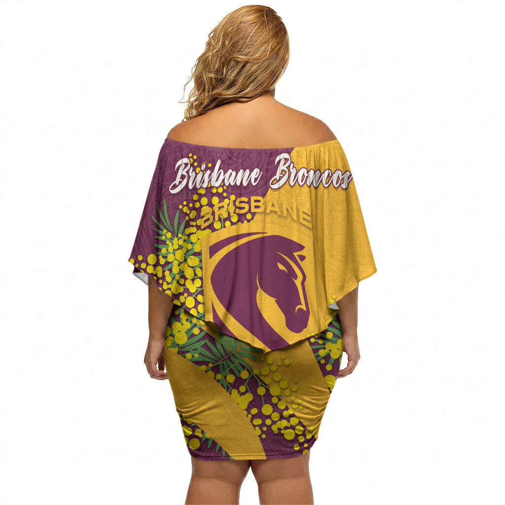 Brisbane Broncos Off Shoulder Short Dress Golden Wattle Floral Polynesian - Australian Flower - Rugby Mascot