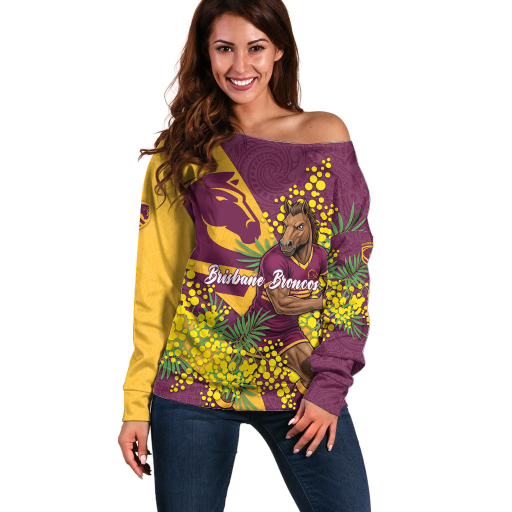Brisbane Broncos Off Shoulder Sweater Golden Wattle Floral Polynesian - Australian Flower - Rugby Mascot