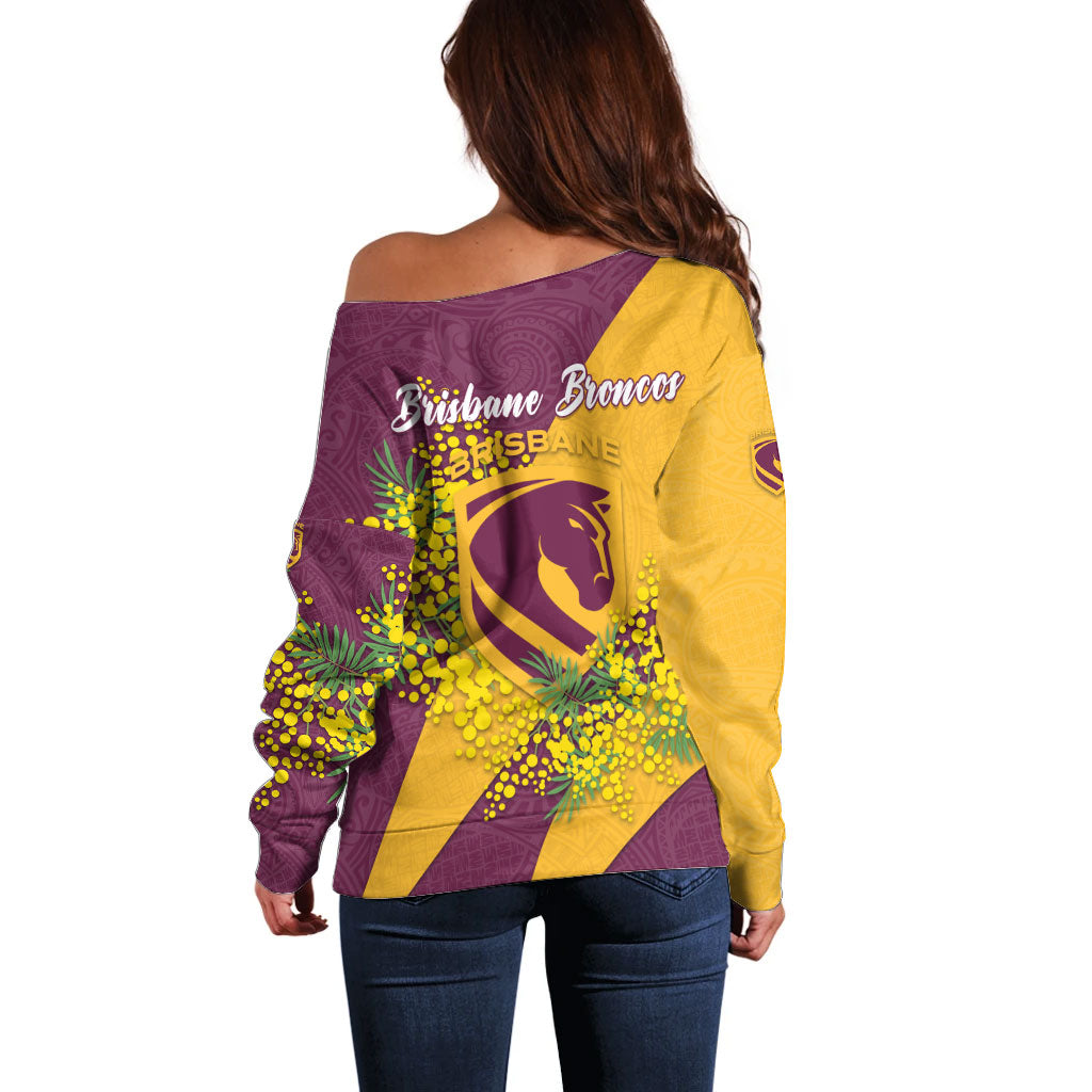 Brisbane Broncos Off Shoulder Sweater Golden Wattle Floral Polynesian - Australian Flower - Rugby Mascot