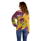 Brisbane Broncos Off Shoulder Sweater Golden Wattle Floral Polynesian - Australian Flower - Rugby Mascot