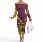 Brisbane Broncos Off The Shoulder Long Sleeve Dress Golden Wattle Floral Polynesian - Australian Flower - Rugby Mascot