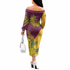Brisbane Broncos Off The Shoulder Long Sleeve Dress Golden Wattle Floral Polynesian - Australian Flower - Rugby Mascot