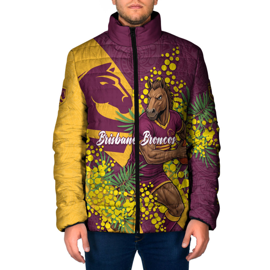 Brisbane Broncos Padded Jacket Golden Wattle Floral Polynesian - Australian Flower - Rugby Mascot
