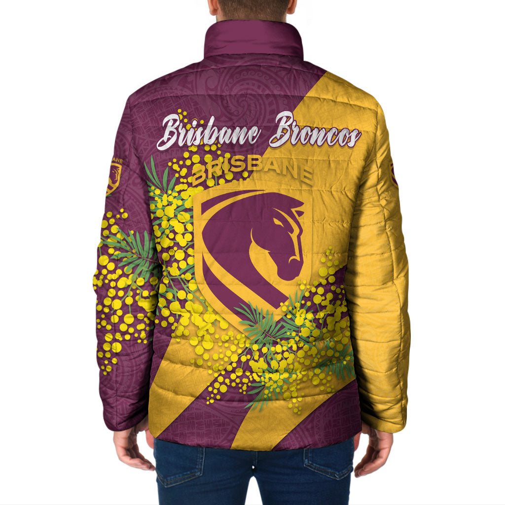 Brisbane Broncos Padded Jacket Golden Wattle Floral Polynesian - Australian Flower - Rugby Mascot