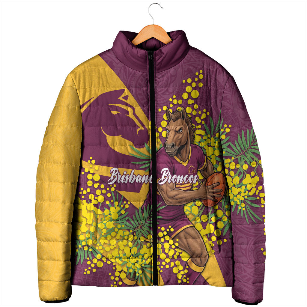 Brisbane Broncos Padded Jacket Golden Wattle Floral Polynesian - Australian Flower - Rugby Mascot