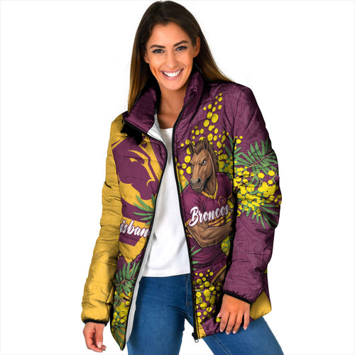 Brisbane Broncos Padded Jacket Golden Wattle Floral Polynesian - Australian Flower - Rugby Mascot