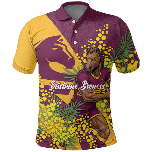 Brisbane Broncos Polo Shirt Golden Wattle Floral Polynesian - Australian Flower - Rugby Mascot