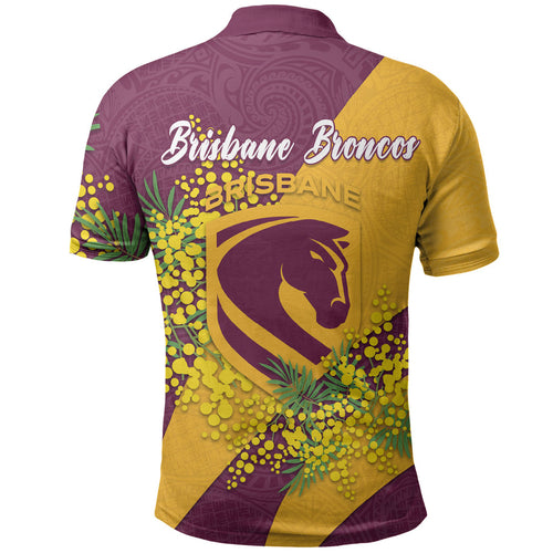 Brisbane Broncos Polo Shirt Golden Wattle Floral Polynesian - Australian Flower - Rugby Mascot