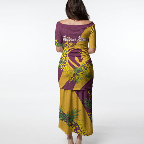 Brisbane Broncos Puletasi Golden Wattle Floral Polynesian - Australian Flower - Rugby Mascot