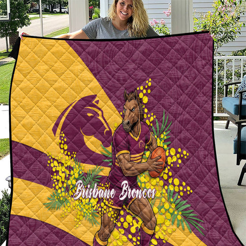 Brisbane Broncos Quilt Golden Wattle Floral Polynesian - Australian Flower - Rugby Mascot