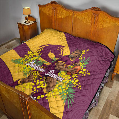 Brisbane Broncos Quilt Golden Wattle Floral Polynesian - Australian Flower - Rugby Mascot