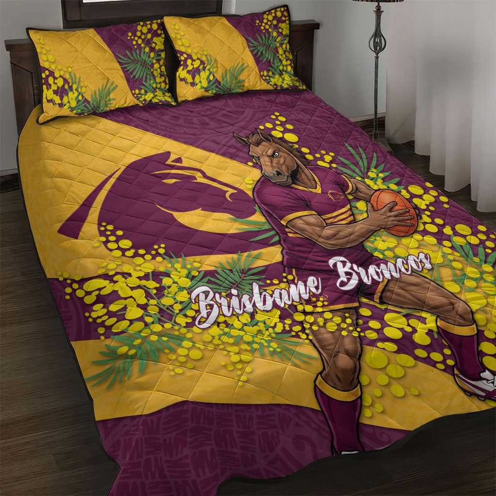 Brisbane Broncos Quilt Bed Set Golden Wattle Floral Polynesian - Australian Flower - Rugby Mascot