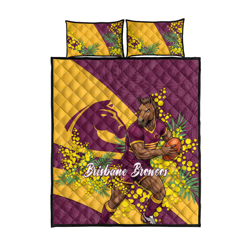 Brisbane Broncos Quilt Bed Set Golden Wattle Floral Polynesian - Australian Flower - Rugby Mascot