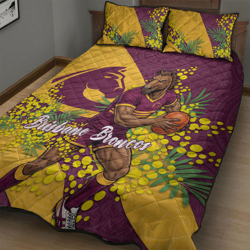 Brisbane Broncos Quilt Bed Set Golden Wattle Floral Polynesian - Australian Flower - Rugby Mascot