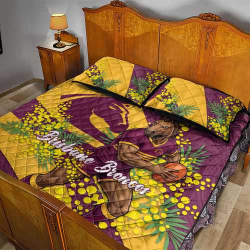 Brisbane Broncos Quilt Bed Set Golden Wattle Floral Polynesian - Australian Flower - Rugby Mascot