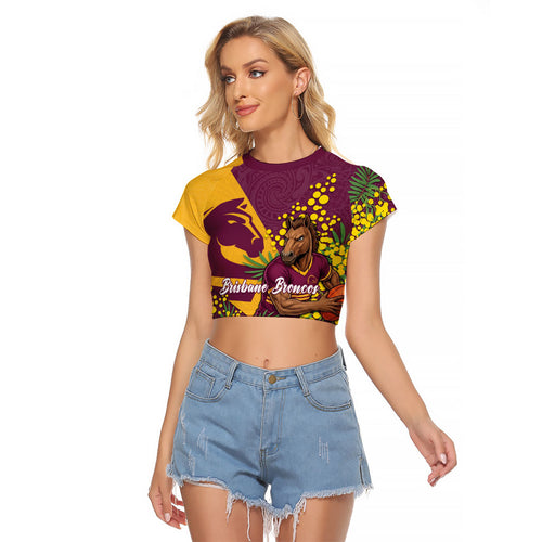 Brisbane Broncos Raglan Cropped T Shirt Golden Wattle Floral Polynesian - Australian Flower - Rugby Mascot