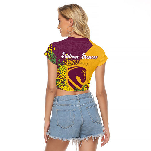 Brisbane Broncos Raglan Cropped T Shirt Golden Wattle Floral Polynesian - Australian Flower - Rugby Mascot
