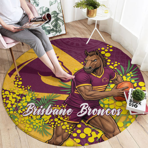 Brisbane Broncos Round Carpet Golden Wattle Floral Polynesian - Australian Flower - Rugby Mascot
