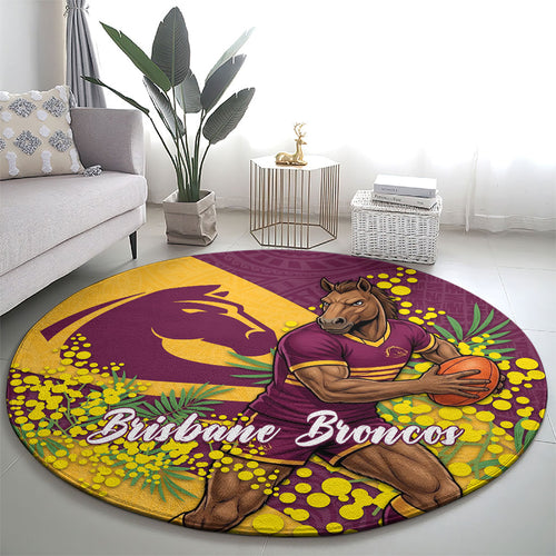 Brisbane Broncos Round Carpet Golden Wattle Floral Polynesian - Australian Flower - Rugby Mascot