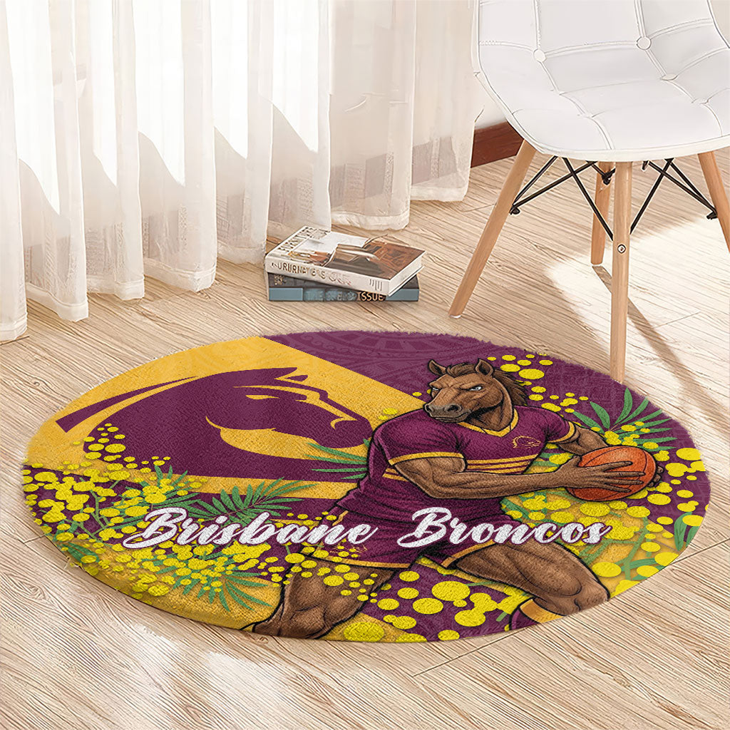 Brisbane Broncos Round Carpet Golden Wattle Floral Polynesian - Australian Flower - Rugby Mascot