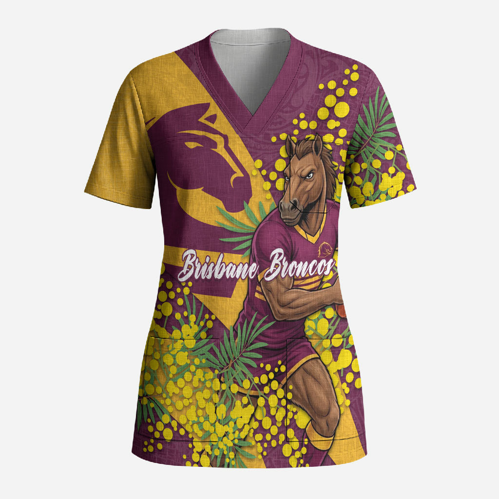 Brisbane Broncos Scrub Top Golden Wattle Floral Polynesian - Australian Flower - Rugby Mascot