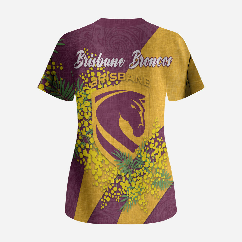 Brisbane Broncos Scrub Top Golden Wattle Floral Polynesian - Australian Flower - Rugby Mascot