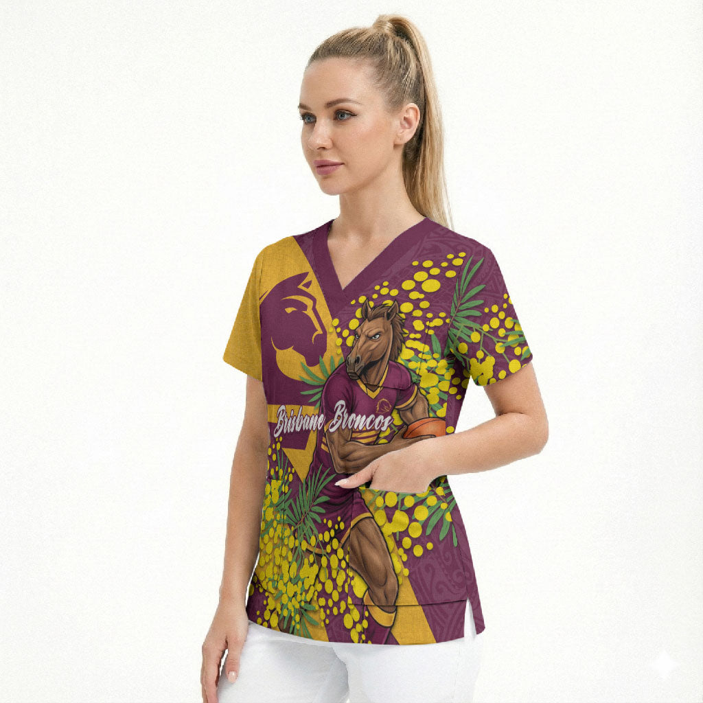 Brisbane Broncos Scrub Top Golden Wattle Floral Polynesian - Australian Flower - Rugby Mascot