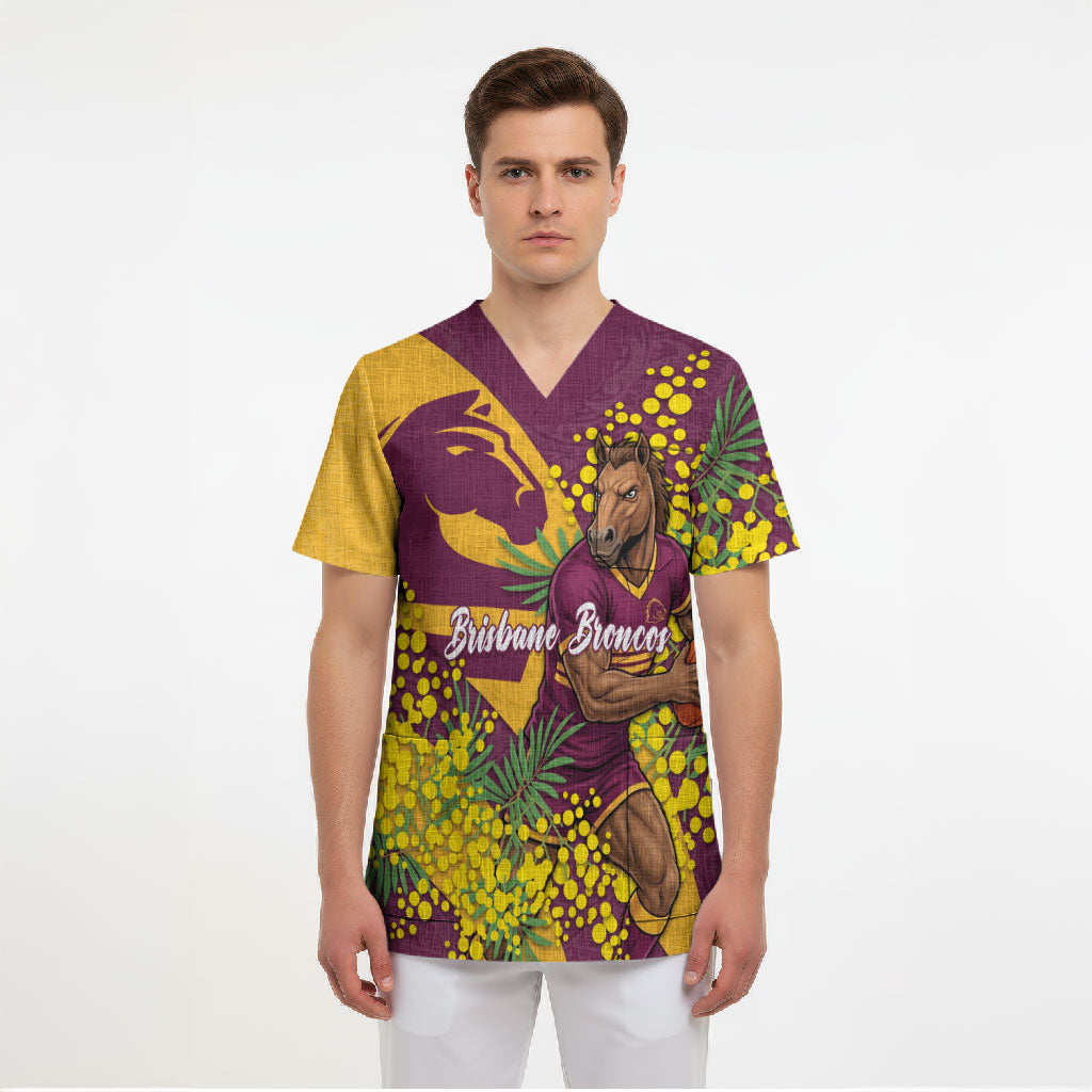 Brisbane Broncos Scrub Top Golden Wattle Floral Polynesian - Australian Flower - Rugby Mascot
