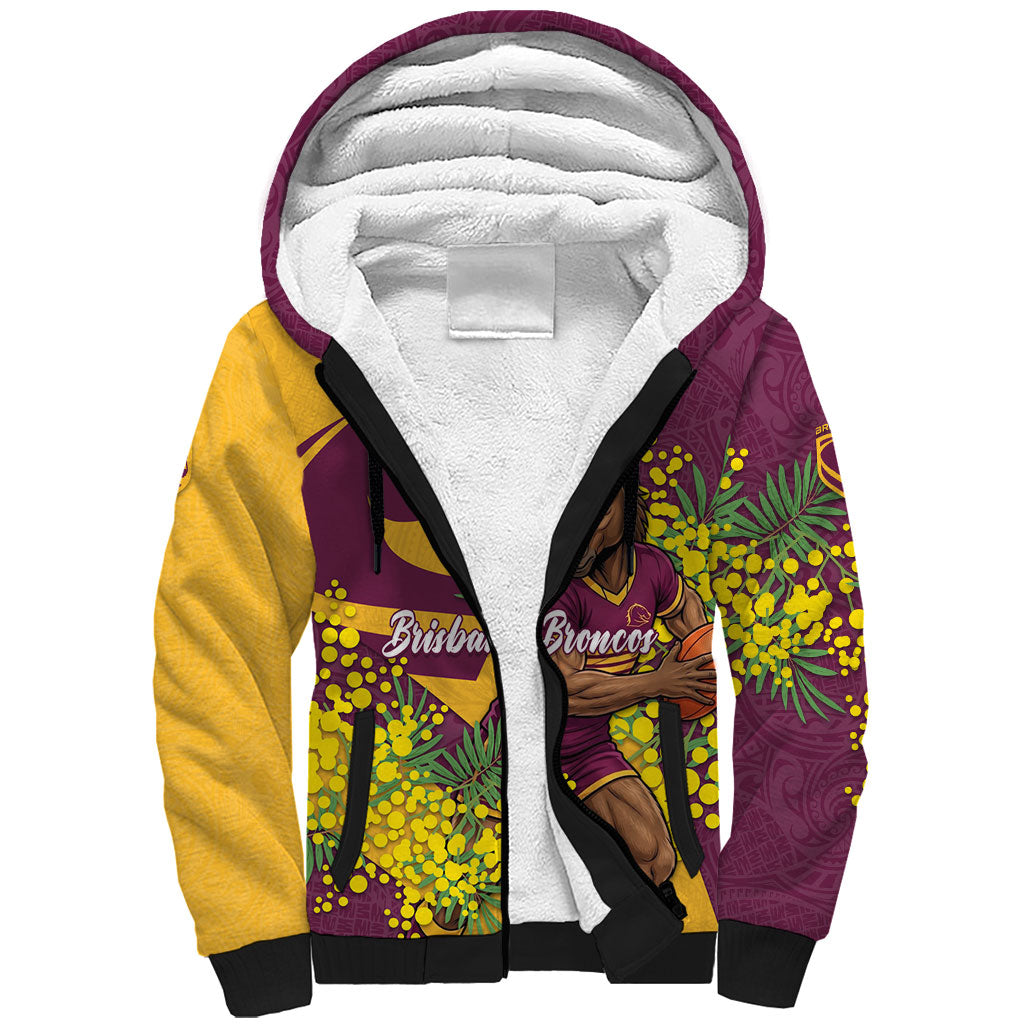 Brisbane Broncos Sherpa Hoodie Golden Wattle Floral Polynesian - Australian Flower - Rugby Mascot